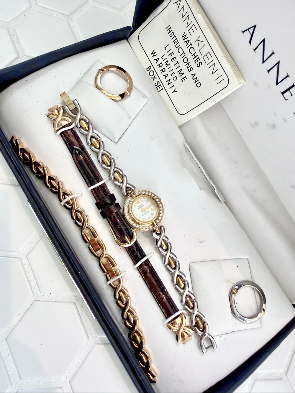 Anne Klein II Two-Tone Chain and Brown Leather Watch Set